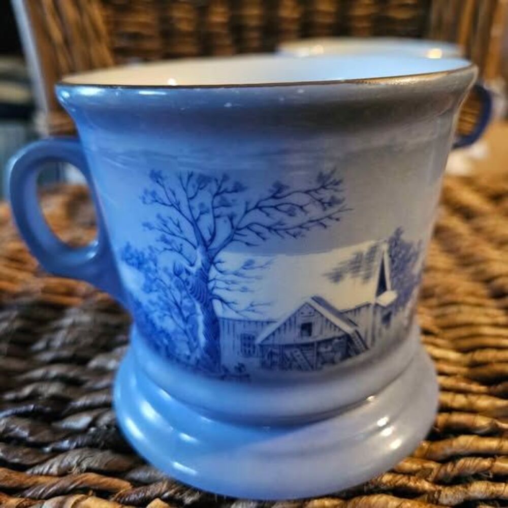 Vintage Currier & Ives The Farmer’s Home Winter Blue Pedestal Mug Coffee Cup